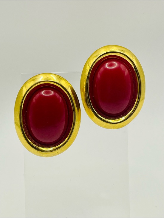 Monet Jewelry - Monet Gold-Tone Clip on Earrings with Deep Red Acrylic Cabochons